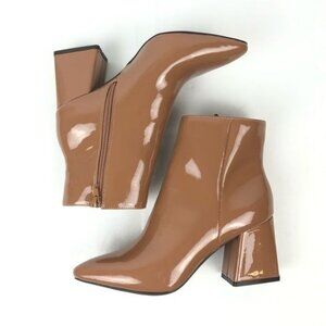 New Bamboo Faux Patent Leather Chunky Block Heel Ankle Boot Bootie Size 6 Camel